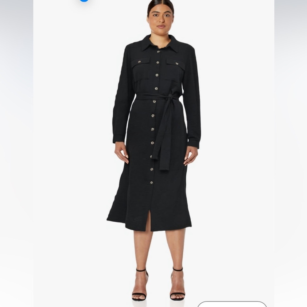 NWT DKNY Dress size 4 Black Women's Long Sleeve Collared Tie Waist Midi - Picture 2 of 7